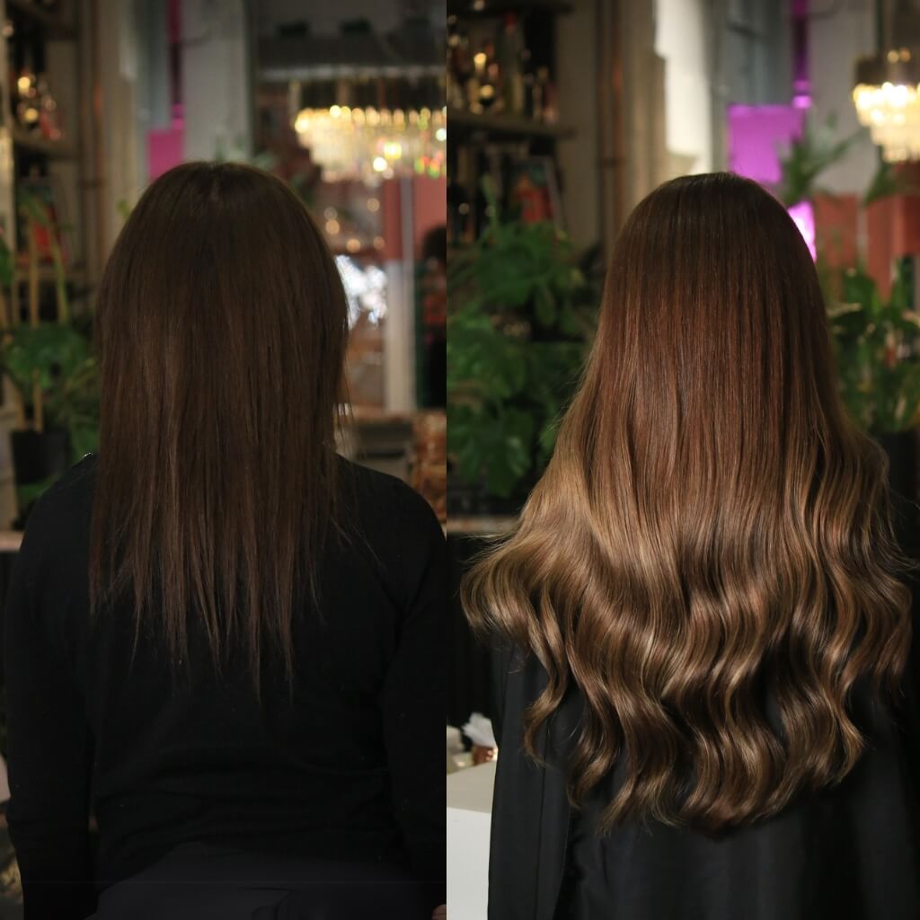 hair-extensions-before-after-95 dark to light brown wavy hair extensions before and after