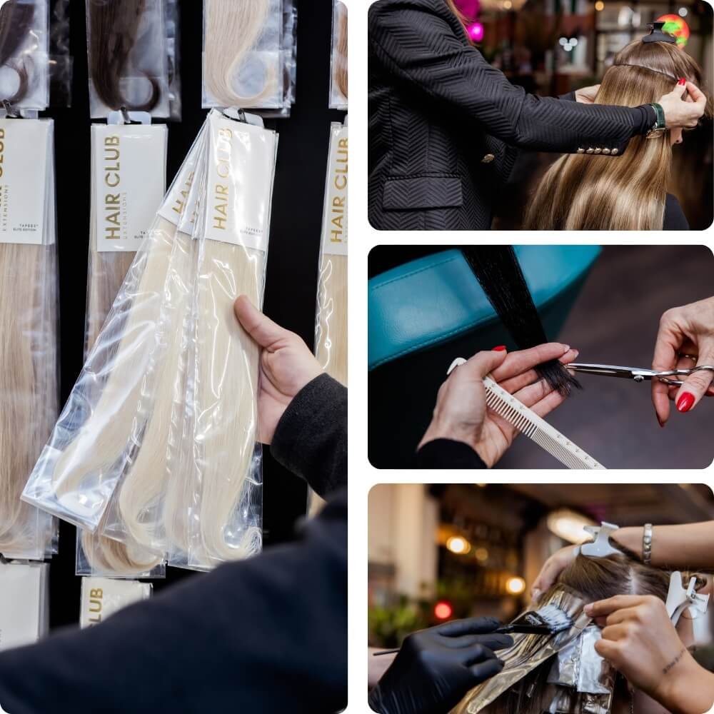 Collage of hair extensions display at our hair salon