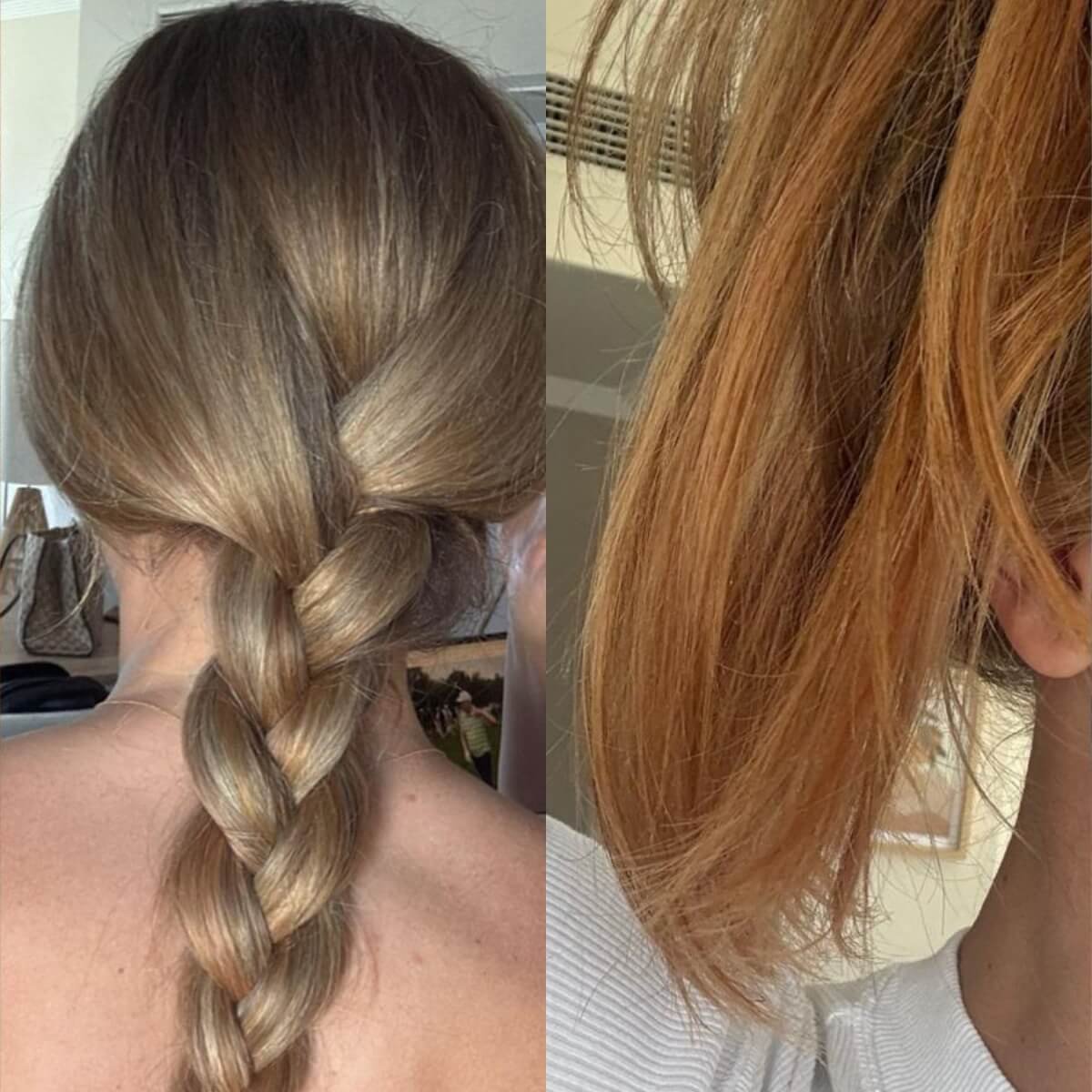 Before and after showing blonde hair extensions in their original colour next to the same extensions after turning orange from discolouration