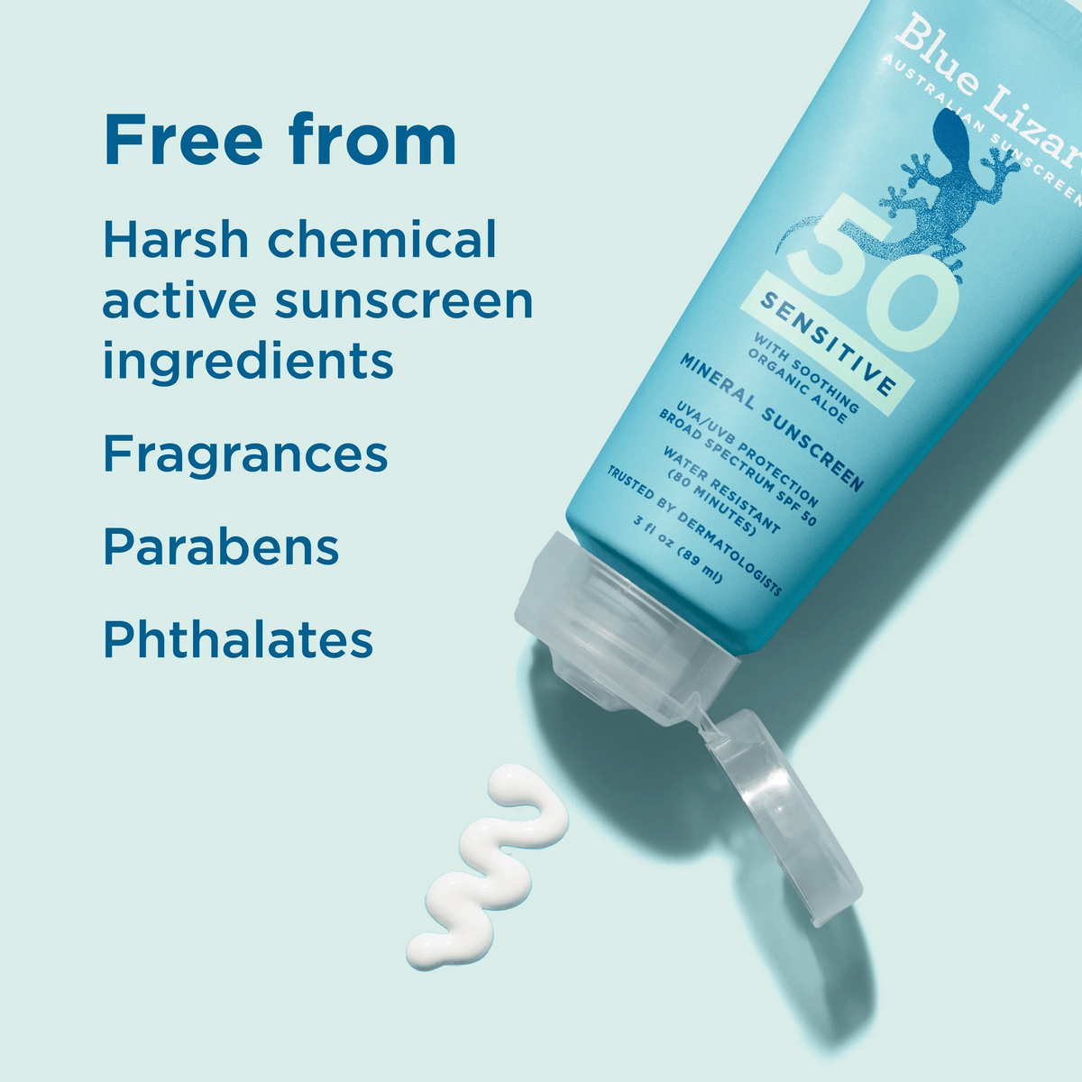 Blue Lizard Sensitive Mineral SPF 50+ sunscreen bottle, a fragrance-free mineral sunscreen for hair extensions