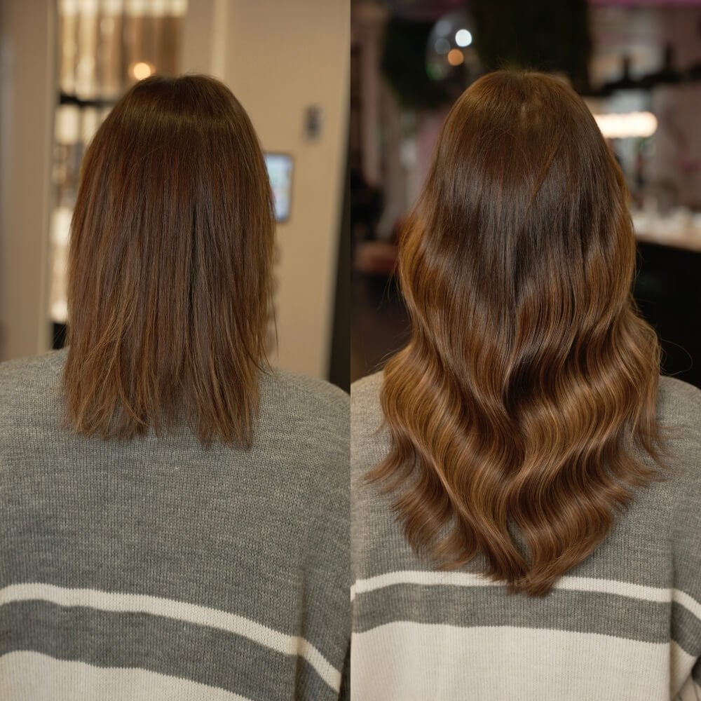 Brunette hair extensions before and after transformation