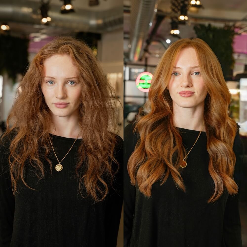 Ginger hair extensions and colour before and after