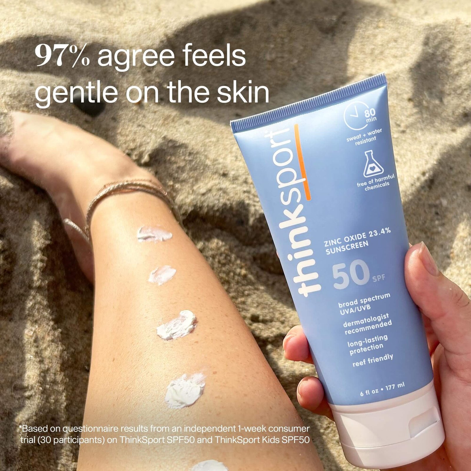 Thinksport Mineral Sunscreen SPF 50+ bottle, a water-resistant zinc oxide sunscreen safe for hair extensions