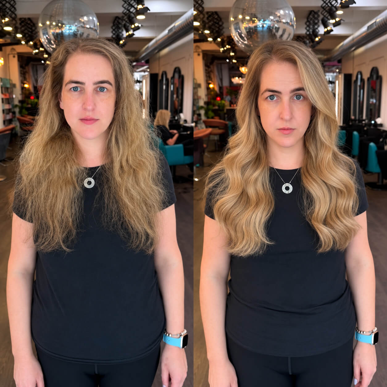 frizzy hair with extensions before and after