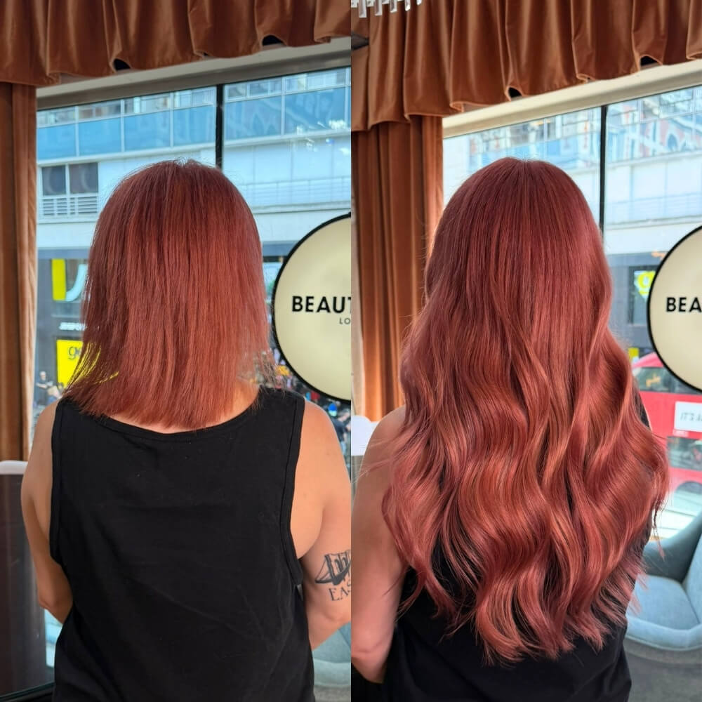 Before and after back view of a woman receiving copper red hair extensions, transforming shoulder-length straight hair into long wavy hair in a London salon