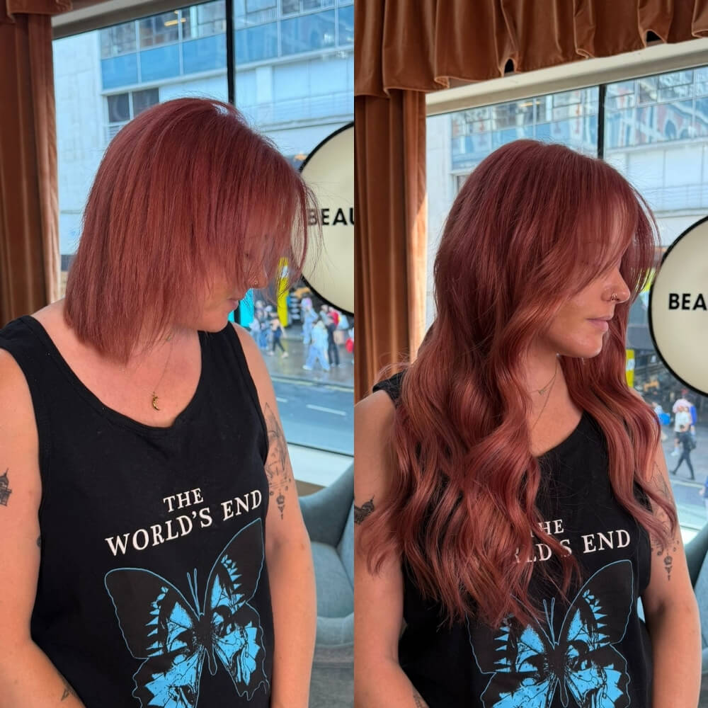 Before and after side profile of a woman getting long wavy copper hair extensions with face-framing layers to add length and volume