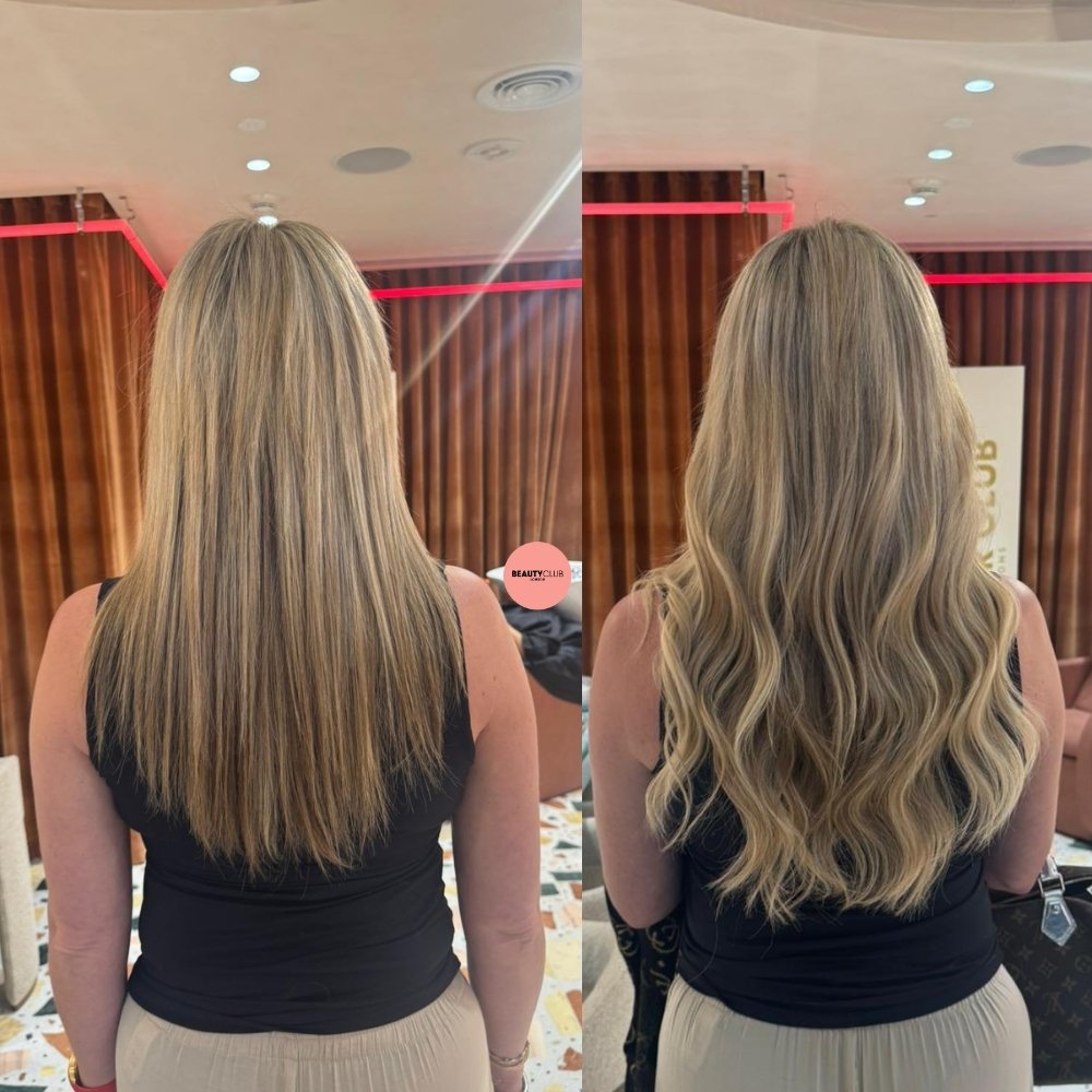 blonde wavy hair extension transformation