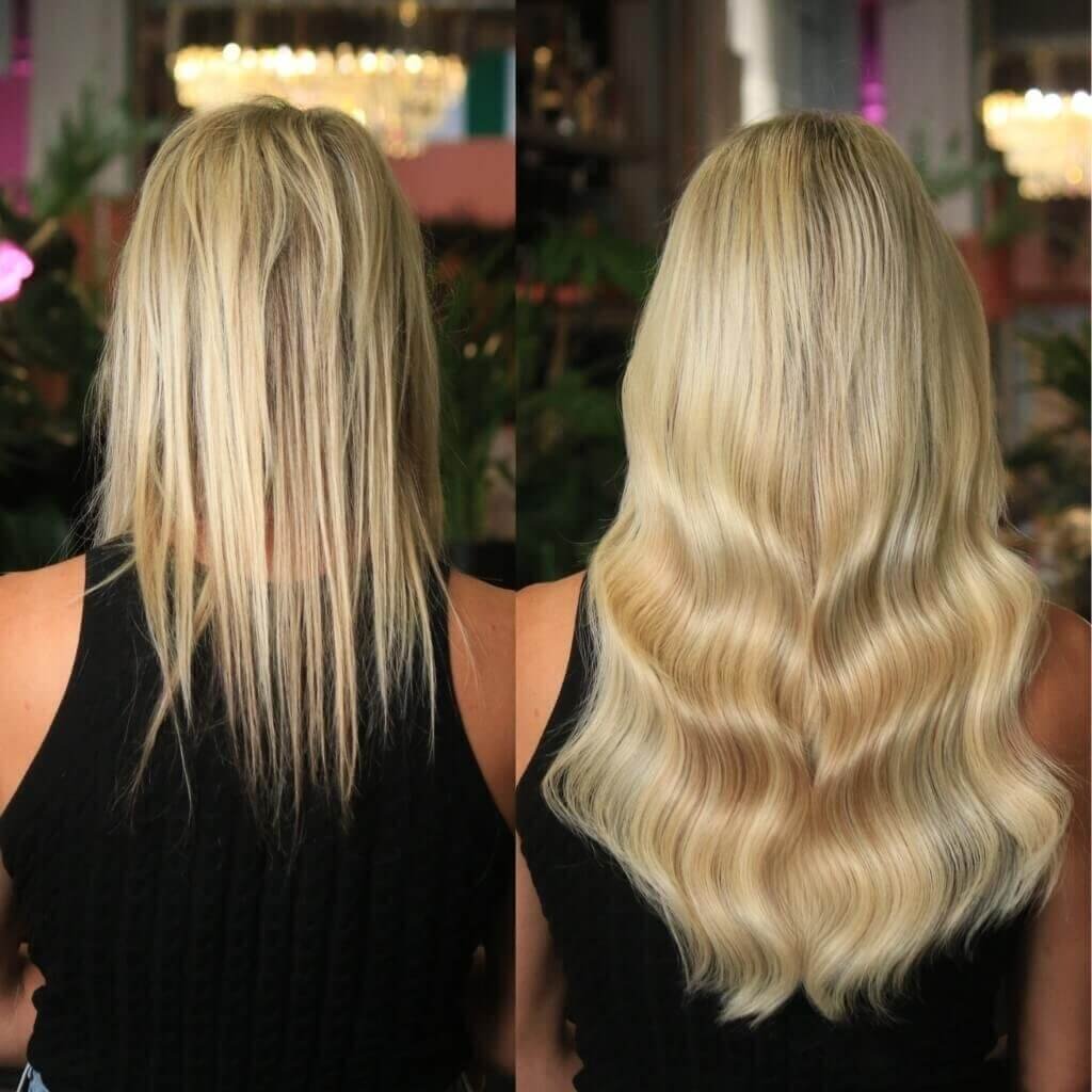 before and after hair extension volume transformation