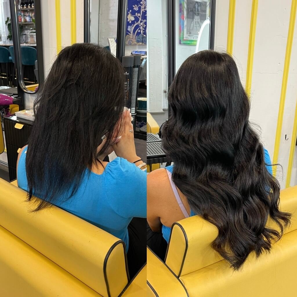 wavy black hair extension transformation