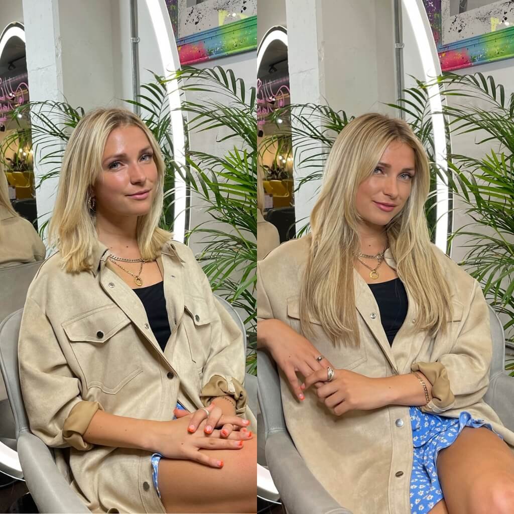 before and after blonde hair extension transformation