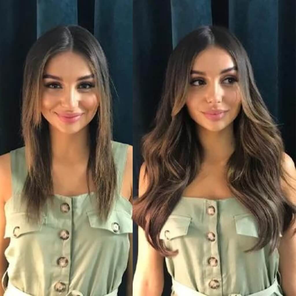 brown wavy hair extension transformation
