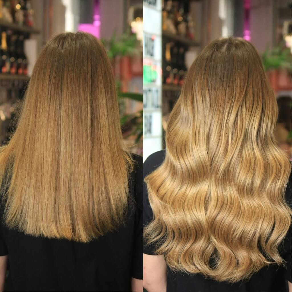 before and after wavy blonde hair extensions