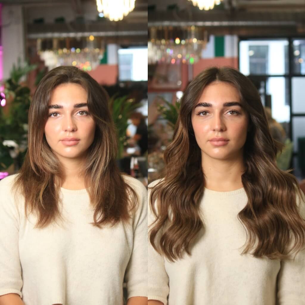 before and after brown hair extension transformation