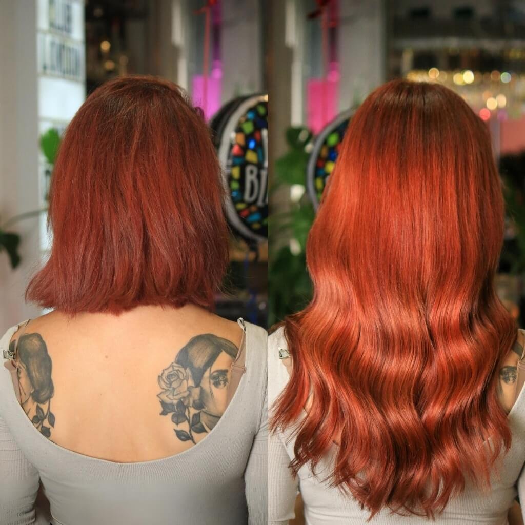lengthening red hair extension transformation