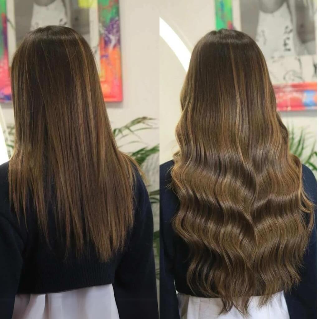 brown wavy hair extension transformation