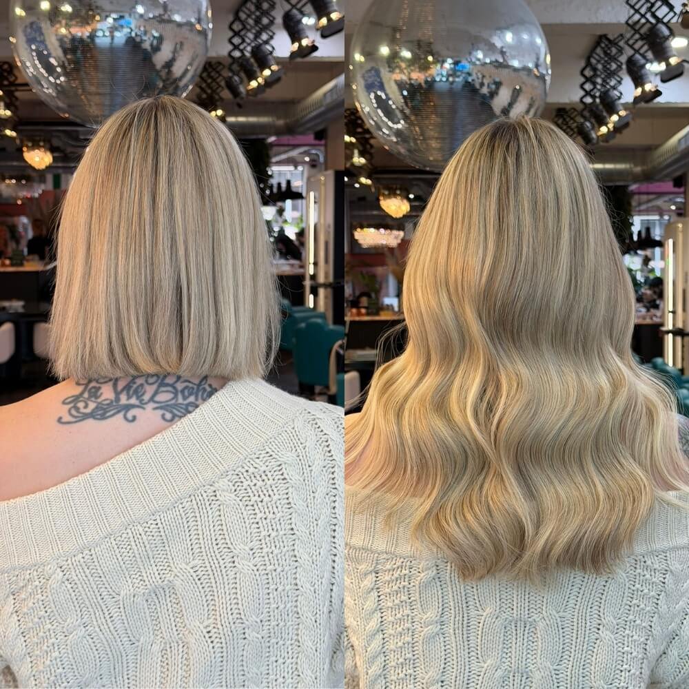 Back view before and after hair extensions on a blonde client, lengthening a short bob into long blonde waves