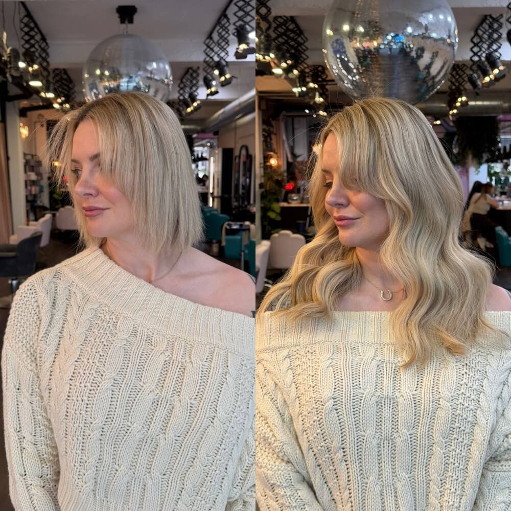 Side profile before and after hair extensions on a blonde client, lengthening a chin-length bob into long blonde waves