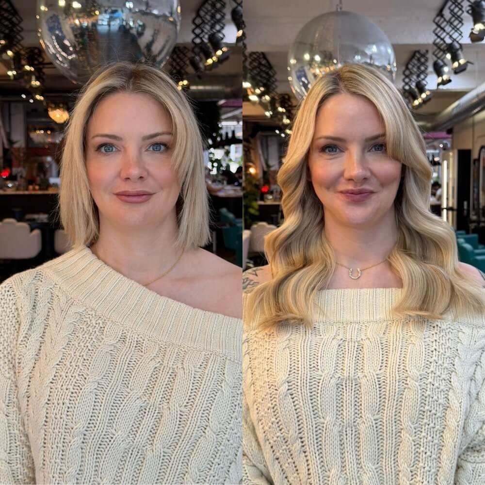 Front view before and after hair extensions transformation showing a blonde lob lengthened into long, voluminous waves with bright golden blonde highlights
