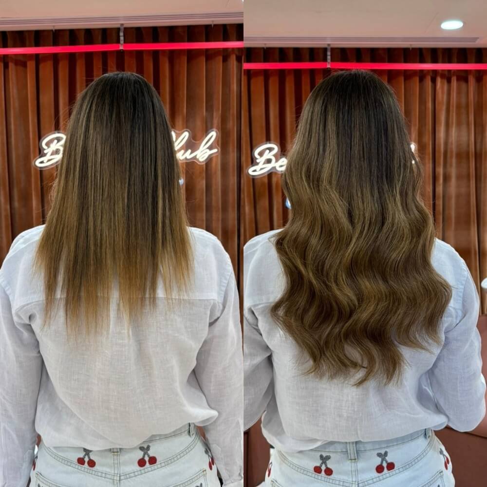 Before and after hair extensions transformation showing added length and volume on long wavy brunette hair at Beauty Club London
