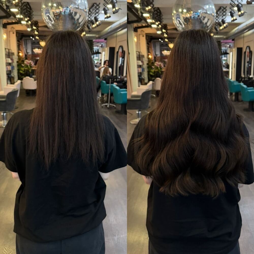 Before and after hair extensions on dark brown hair, lengthening a shoulder-length cut into long chocolate brown waves with caramel highlights