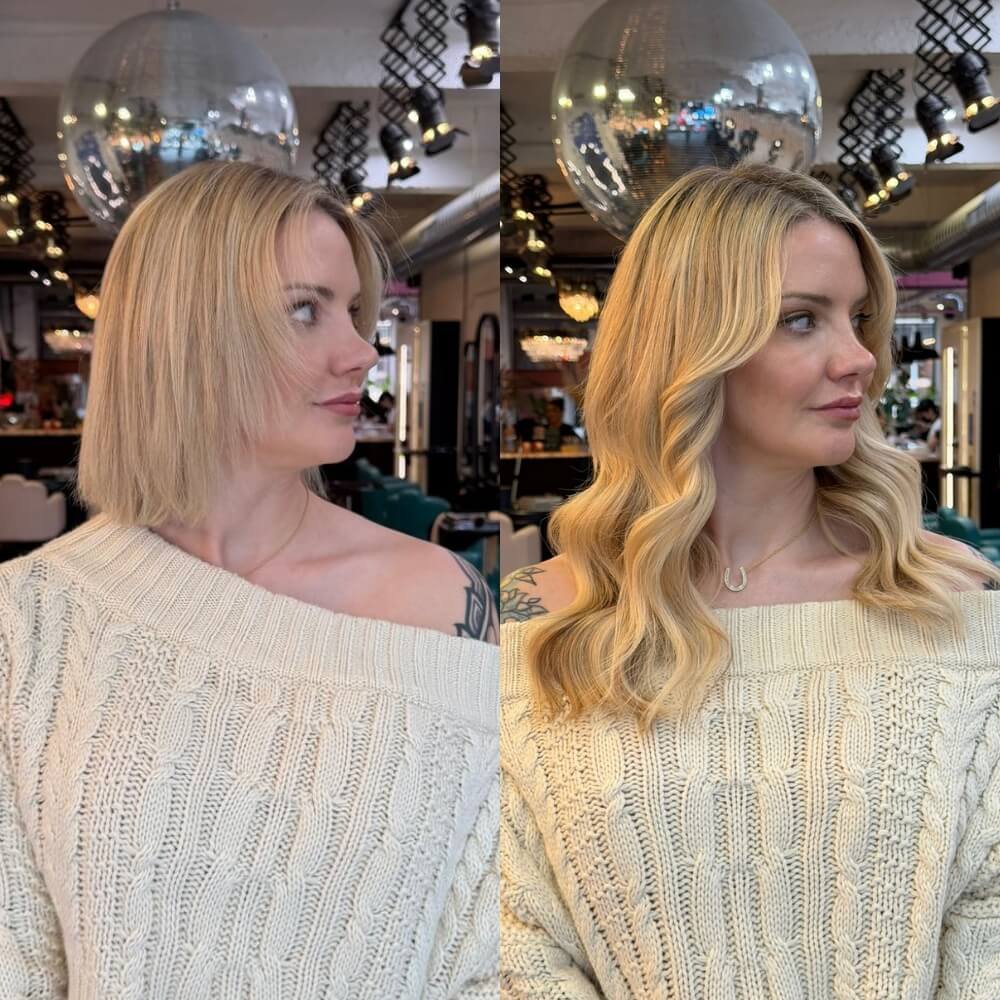 Side angle before and after hair extensions on a blonde client, lengthening a short bob into long blonde waves