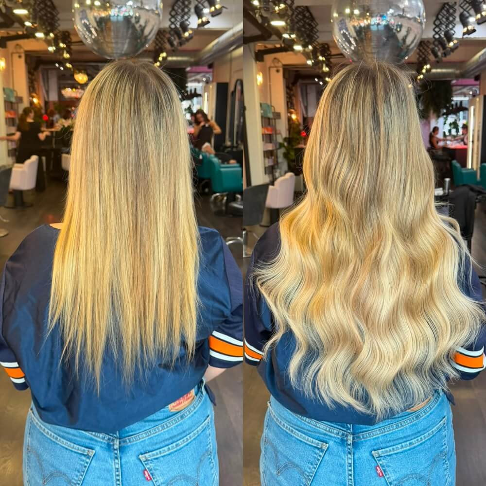 blonde wavy hair extension transformation